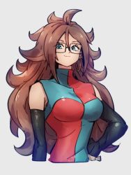 Rule 34 | 1girl, android 21, blue eyes, breasts, checkered clothes, checkered dress, closed mouth, dragon ball, dragon ball fighterz, dress, earrings, glasses, grey background, hair between eyes, hand on own hip, hoop earrings, jewelry, kemachiku, long hair, medium breasts, red hair, simple background, smile, solo, upper body