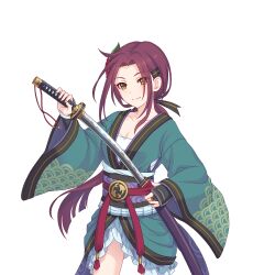 Rule 34 | 1girl, holding, holding sword, holding weapon, japanese clothes, katana, kimono, long hair, looking at viewer, official art, princess connect!, purple hair, ruka (princess connect!), sword, tachi-e, transparent background, weapon