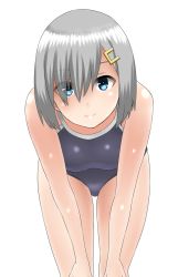Rule 34 | 1girl, 30-06, bad id, bad pixiv id, blue eyes, breasts, competition school swimsuit, eyes visible through hair, hair ornament, hair over one eye, hairclip, hamakaze (kancolle), highres, kantai collection, looking at viewer, medium breasts, one-piece swimsuit, school swimsuit, short hair, silver hair, smile, solo, standing, swimsuit, white background