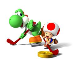 Rule 34 | 2boys, absurdres, happy, highres, hockey, male focus, multiple boys, nintendo, smile, playing sports, stick, tail, toad (mario), transparent background, yoshi