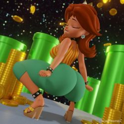 Rule 34 | 1girl, 3d, animated, anklet, ass, ass shake, blue eyes, bouncing ass, bracelet, breasts, brown hair, closed eyes, clothes, coin, collar, dancing, ear piercing, earrings, female focus, flower earrings, gold, half-closed eyes, high heels, huge ass, jewelry, jiggle, long hair, looking back, mario (series), medium breasts, money, nintendo, open mouth, piercing, platform clogs, princess daisy, solo, super mario land, twerking, video, wyerframez