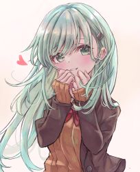Rule 34 | 1girl, blazer, bow, bowtie, brown jacket, cardigan, green eyes, green hair, hair ornament, heart, highres, jacket, kantai collection, long hair, long sleeves, open cardigan, open clothes, red bow, red bowtie, school uniform, solo, suzuya (kancolle), suzuya kai ni (kancolle), upper body, womisoba