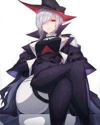 Rule 34 | 1girl, absurdres, arknights, ascot, black gloves, black hat, black thighhighs, commentary, crossed legs, gladiia (arknights), gloves, grey hair, hair over one eye, hand on own thigh, hat, high collar, highres, looking at viewer, one eye covered, pointy ears, red eyes, rikuguma, simple background, sitting, solo, thighhighs, thighs, white ascot, white background