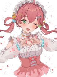 Rule 34 | 1girl, absurdres, blush, breasts, cleavage, commentary request, cropped torso, detached sleeves, dress, eyelashes, falling petals, green eyes, hair between eyes, hair ornament, hair rings, hanazawa ma, head tilt, heart, heart hands, highres, hololive, looking at viewer, maid headdress, medium breasts, official alternate costume, one eye closed, open mouth, petals, pink dress, pink hair, sakura miko, sakura miko (new year), simple background, smile, solo, twintails, virtual youtuber, white background, white dress