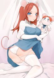 Rule 34 | 1girl, animal ears, animification, apex legends, ashleigh reid, blue dress, blue eyes, blush, breasts, character doll, clothes lift, doll, dress, dress lift, elbow gloves, fake animal ears, gloves, highres, holding, holding doll, looking at viewer, medium breasts, mouse ears, mouse girl, mouse tail, nagoooon 114, newton somers, orange hair, panties, skindentation, solo, tail, thighhighs, twisted torso, underwear, white gloves, white panties, white thighhighs