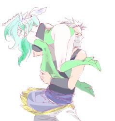 Rule 34 | 1boy, 1girl, absurdres, aged up, ass, boots, detached sleeves, earrings, edward geraldine, final fantasy, final fantasy iv, flower, green hair, green leotard, hair flower, hair ornament, highres, jewelry, leotard, long hair, nekomrao, open mouth, rydia (ff4), simple background, smile, thigh boots, white background