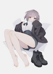 Rule 34 | 1girl, absurdres, bandages, bang dream!, bang dream! it&#039;s mygo!!!!!, barefoot, boots, feet, grey hair, highres, looking at viewer, lying, muta (csw), on back, paper, short hair, shorts, simple background, skirt, white background