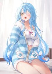 Rule 34 | 1girl, absurdres, ahoge, bare legs, bare shoulders, bed, blue hair, blue jacket, blush, bow, breasts, camisole, cleavage, crossed bangs, curtains, daifuku (yukihana lamy), frills, fuyoyo, hair between eyes, hair intakes, hair ornament, hairpin, highres, hololive, jacket, large breasts, legs together, long hair, looking at viewer, navel, official alternate costume, official alternate hairstyle, one eye closed, open clothes, open mouth, pajamas, partially unzipped, pocket, thighs, very long hair, virtual youtuber, white camisole, yawning, yellow eyes, yukihana lamy, yukihana lamy (loungewear), yukimin (yukihana lamy)