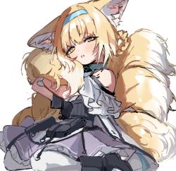 Rule 34 | 1girl, :o, animal ears, arknights, bare shoulders, black footwear, blonde hair, blue hairband, blush, boots, braid, collar, fox ears, fox girl, fox tail, green eyes, hairband, highres, hugging own tail, hugging tail, infection monitor (arknights), knee boots, looking at viewer, material growth, multiple tails, na tarapisu153, oripathy lesion (arknights), pantyhose, parted lips, purple skirt, short hair, simple background, sitting, skirt, solo, suzuran (arknights), tail, wariza, white background, white pantyhose