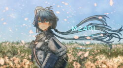 Rule 34 | 1girl, artist name, blue eyes, blue hair, blurry, blurry background, blush, book, character name, crying, crying with eyes open, english text, field, flower, flower field, girls&#039; frontline, hair between eyes, hat, highres, holding, holding book, jacket, jhands onpc, long hair, looking at viewer, m240l (girls&#039; frontline), outdoors, petals, sky, smile, solo, tears, twintails, upper body