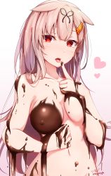 Rule 34 | 1girl, absurdres, artist name, baileys (tranquillity650), black ribbon, blonde hair, blush, breasts, chocolate, chocolate on body, chocolate on breasts, collarbone, food on body, hair flaps, hair ornament, hair ribbon, hairclip, heart, highres, kantai collection, long hair, medium breasts, nipples, nude, open mouth, red eyes, ribbon, signature, solo, tongue, tongue out, twitter username, upper body, yuudachi (kancolle), yuudachi kai ni (kancolle)
