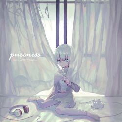 Rule 34 | 1girl, absurdres, album cover, backlighting, blue eyes, cat, character name, closed mouth, clothes hanger, cover, curtain grab, curtains, full body, grey theme, headphones, headphones removed, highres, hoshimiya toto, indie virtual youtuber, indoors, long sleeves, looking at viewer, nail polish, on floor, pantyhose, second-party source, shirt, short hair, sitting, skirt, solo, white hair, white pantyhose, white shirt, white skirt, window, window (computing), zumochi