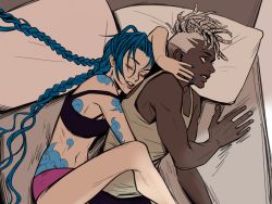 Rule 34 | 1boy, 1girl, alternate costume, arcane: league of legends, bare shoulders, bed, blue hair, blue nails, braid, cloud tattoo, d (xxl30433461), dark-skinned male, dark skin, ekko (league of legends), closed eyes, firelight ekko, hand on another&#039;s face, highres, hug, hug from behind, jinx (league of legends), league of legends, long hair, lying, messy sleeper, nail polish, navel, official alternate hairstyle, on side, panties, parted lips, pillow, pink nails, pink panties, saliva, sweatdrop, teeth, twin braids, twintails, undercut, underwear