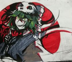Rule 34 | 1other, androgynous, cocopalm, colored skin, ex-sese, green eyes, green hair, hair between eyes, hand up, highres, kitsugai sese, len&#039;en, marker (medium), open mouth, other focus, sharp teeth, short hair, skeletal arm, skull on head, smile, solo, teeth, traditional media, white skin