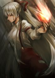 Rule 34 | 1girl, bamboo, bamboo forest, bow, breasts, closed mouth, cowboy shot, dress shirt, fingernails, fire, forest, from side, fujiwara no mokou, hair bow, hair ribbon, hand up, large breasts, long hair, long sleeves, nature, nooca, pants, red eyes, red pants, ribbon, serious, shirt, solo, suspenders, touhou, tress ribbon, very long hair, white hair, white shirt
