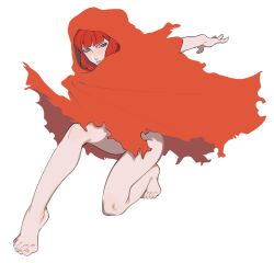 Rule 34 | 1girl, absurdres, bare legs, barefoot, blunt bangs, cloak, feet, highres, hood, hood up, hooded cloak, implied nudity, long hair, no pants, original, outstretched arm, porqueloin, red cloak, red hair, simple background, solo, toes, white background