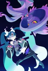 Rule 34 | 1girl, aqua hair, black thighhighs, creatures (company), detached sleeves, floating, game freak, gen 4 pokemon, ghost, ghost miku (project voltage), glitch, grey shirt, hair between eyes, hatsune miku, highres, keeno-ringo46, long hair, mismagius, necktie, nintendo, pale skin, pokemon, pokemon (creature), project voltage, see-through, see-through skirt, shirt, skirt, thighhighs, twintails, upside-down, very long hair, vocaloid, will-o&#039;-the-wisp (mythology), yellow eyes