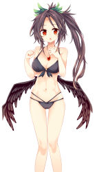 Rule 34 | 1girl, :o, bare legs, bikini, black bikini, black hair, black wings, blush, bow, breasts, cleavage, collarbone, eyebrows, front-tie bikini top, front-tie top, gluteal fold, green bow, groin, hair bow, highres, jewelry, long hair, looking at viewer, maturiuta sorato, md5 mismatch, medium breasts, multi-strapped bikini bottom, navel, o-ring, o-ring top, pendant, red eyes, reiuji utsuho, resolution mismatch, sidelocks, simple background, skinny, solo, source smaller, standing, swimsuit, thigh gap, touhou, white background, wings