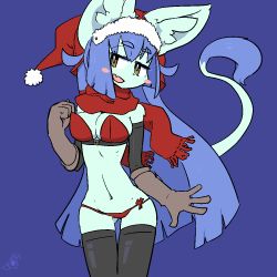 Rule 34 | 1girl, black thighhighs, boots, cat, christmas, furry, furry female, gloves, hat, purple hair, santa hat, solo, the amboina, thighhighs, yellow eyes