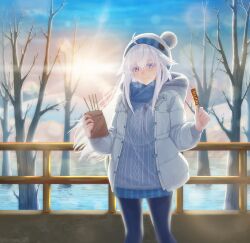 Rule 34 | 1girl, absurdres, ahoge, bare tree, black pantyhose, blue eyes, blue scarf, codename: bakery girl, food, fur-trimmed jacket, fur trim, hair between eyes, hat, highres, holding, holding food, hood, hooded jacket, jacket, jefuty (bakery girl), lens flare, long hair, looking at viewer, open clothes, open jacket, pantyhose, railing, reverse collapse (series), samsam s2s, scarf, smile, solo, straight-on, sun, tree, white hair, winter clothes