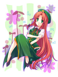 Rule 34 | 1girl, bad id, bad pixiv id, braid, china dress, chinese clothes, dress, embodiment of scarlet devil, female focus, flower, full body, green eyes, hat, hong meiling, long hair, mushroom, plant, red hair, shiitake, shiitake (artist), shoes, solo, touhou, twin braids, white background