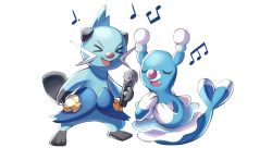 Rule 34 | &gt; &lt;, :d, brionne, commentary, conmimi, creature, creatures (company), dewott, english commentary, closed eyes, fang, full body, game freak, gen 5 pokemon, gen 6 pokemon, gen 7 pokemon, holding, holding microphone, microphone, music, musical note, nintendo, no humans, open mouth, pokemon, pokemon (creature), simple background, singing, smile, standing, white background