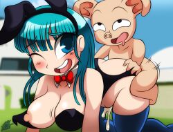 Rule 34 | 1boy, 1girl, all fours, ass, ass grab, blue eyes, blush, breasts, bulma, clothed female nude male, clothed sex, colored skin, cum, cum in pussy, doggystyle, dragon ball, grabbing, grabbing another&#039;s ass, grabbing from behind, green hair, hetero, highres, interspecies, large breasts, leotard, long hair, nude, one eye closed, oolong, pig, pink skin, playboy bunny, rolling eyes, sex, sex from behind, size difference, skylightdraws, vaginal
