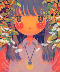 Rule 34 | 1girl, abstract, absurdres, blue hair, blush, collared shirt, feathers, glowing, highres, jewelry, leaf, long hair, looking at viewer, multicolored eyes, necklace, no nose, original, plant, portrait, red background, shirt, sizucomaru, solo, white shirt