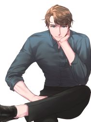 Rule 34 | 1boy, black footwear, black pants, blue eyes, blue shirt, brown hair, hand on own cheek, hand on own face, hsmoji, invisible chair, crossed legs, light smile, looking at viewer, male focus, original, pants, shirt, shoes, simple background, sitting, solo, white background