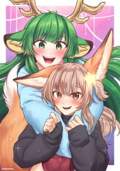 Rule 34 | 2girls, absurdres, animal ear fluff, animal ears, annytf, antlers, artist name, blunt bangs, blush, brown eyes, brown hair, commentary, commission, covered navel, english commentary, fox ears, green eyes, green hair, hair between eyes, hair ornament, haruka karibu, highres, horns, indie virtual youtuber, long hair, long sleeves, looking at viewer, multiple girls, open mouth, second-party source, shinomiya arts, star (symbol), star hair ornament, tail, teeth, tongue, twitter username, very long hair, virtual youtuber, watermark