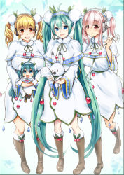 Rule 34 | 4girls, absurdly long hair, ahoge, blonde hair, blue eyes, boots, brown footwear, rabbit, chibi, cosplay, crossover, flower, fur boots, ganari ryuu, green hair, hatsune miku, hatsune miku (cosplay), headphones, headset, knee boots, lily of the valley, long hair, looking at viewer, multiple girls, nitroplus, open mouth, orange eyes, pink hair, red eyes, smile, snowdrop (flower), snowflake print, super pochaco, super sonico, twintails, very long hair, vocaloid, yuki miku, yuki miku (cosplay), yukine (vocaloid)
