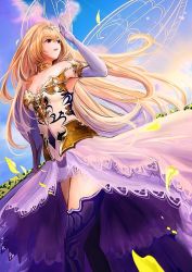 Rule 34 | 10s, 1girl, armor, armored boots, armored dress, ayubee, blonde hair, boots, breasts, character request, cleavage, diadem, elbow gloves, eyebrows, flower, gloves, long hair, medium breasts, outdoors, petals, purple flower, purple footwear, purple glower, red eyes, shingeki no bahamut, solo, very long hair, wings