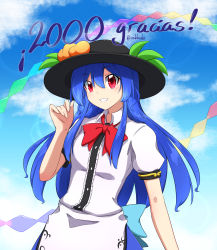 Rule 34 | 1girl, absurdres, apron, back bow, black headwear, blue bow, blue hair, blue skirt, blue sky, bow, bowtie, breasts, center frills, collared shirt, commentary, day, food, frills, fruit, hat, highres, hinanawi tenshi, long hair, outdoors, peach hat ornament, puffy short sleeves, puffy sleeves, rakkidei, red bow, red bowtie, red eyes, shirt, short sleeves, skirt, sky, small breasts, spanish text, sun hat, touhou, translated, very long hair, waist apron, white apron, white shirt