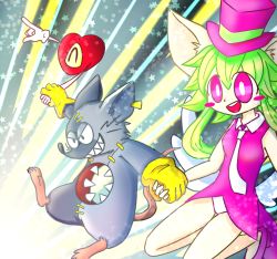Rule 34 | 1girl, 2boys, animal ears, blush stickers, breasts, ear tag, gloves, green hair, hat, heart (mad rat dead), highres, holding hands, hole on body, leotard, mad rat, mad rat dead, mouse (animal), mouse ears, mouse girl, mouse tail, multiple boys, nippon ichi, rat god, red eyes, stitches, tail, tie clip, top hat, wings