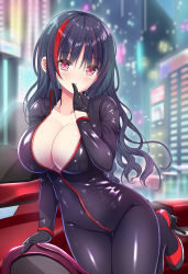 Rule 34 | 1girl, black bodysuit, black footwear, black gloves, black hair, bodysuit, breasts, building, cleavage, collarbone, commentary request, finger in own mouth, full-length zipper, gloves, high heels, highres, large breasts, long hair, long sleeves, looking at viewer, multicolored hair, night, official art, original, outdoors, partially unzipped, red eyes, red hair, shiwasu horio, shoes, skyscraper, solo, standing, standing on one leg, streaked hair, very long hair, zipper