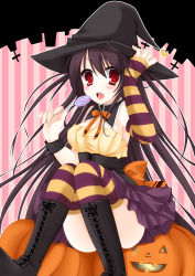 Rule 34 | 1girl, black hair, candy, halloween, hat, lollipop, long hair, mameyarou, open mouth, original, red eyes, solo, thighhighs, witch hat