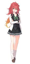 Rule 34 | 1girl, black skirt, bow, bowtie, brown footwear, crossed arms, full body, go-1, gradient hair, green eyes, highres, jacket, koi ni wa amae ga hitsuyou desu, loafers, long hair, long sleeves, looking at viewer, loose bowtie, loose socks, messy hair, miniskirt, multicolored hair, non-web source, open clothes, open jacket, open mouth, pleated skirt, red hair, shirt, shishikura ooga, shoes, skirt, socks, solo, standing, striped clothes, striped shirt, tachi-e, transparent background, two-tone hair