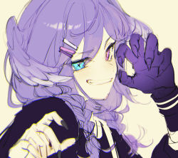 Rule 34 | 1girl, beige background, black nails, black sweater, blue eyes, commentary, english commentary, hair ornament, hairclip, head wings, heterochromia, light blush, looking at viewer, mixed-language commentary, nail polish, nijisanji, nijisanji en, open hands, portrait, purple eyes, selen tatsuki, selen tatsuki (1st costume), sketch, smile, solo, sweater, virtual youtuber, wings, yukikohuang