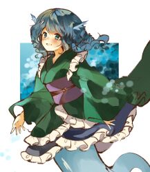 Rule 34 | 1girl, :d, blue eyes, blue hair, commentary, drill hair, drill sidelocks, fins, frilled kimono, frills, green kimono, head fins, highres, japanese clothes, kabocha1408, kimono, looking at viewer, medium hair, mermaid, monster girl, one-hour drawing challenge, open mouth, sash, sidelocks, smile, solo, touhou, traditional media, wakasagihime