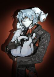 Rule 34 | 1boy, animal, animal on shoulder, antonio salieri (fate), antonio salieri (second ascension) (fate), ascot, black gloves, cat, cat on shoulder, closed mouth, fate/grand order, fate (series), formal, frown, gloves, grey hair, grey jacket, grey pants, half updo, highres, holding, holding animal, holding cat, jacket, looking at viewer, male focus, pants, pinstripe jacket, pinstripe pants, pinstripe pattern, pinstripe suit, red ascot, red background, red eyes, short hair, simple background, solo, striped suit, suit, takustorage, vignetting, white cat