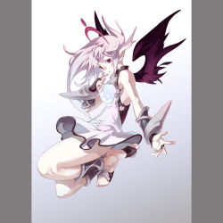 Rule 34 | 1girl, armpits, bare legs, bare shoulders, bracelet, demon girl, demon wings, dress, feet, full body, gloves, jewelry, kneeling, kousaki rui, long hair, looking at viewer, original, outstretched arm, ponytail, red eyes, silver hair, simple background, solo, white background, white dress, wings