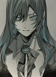 Rule 34 | 1girl, ado (utaite), black bow, black bowtie, blue eyes, blue flower, blue hair, blue rose, bow, bowtie, chando (ado), collared shirt, colored inner hair, commentary, flower, flower brooch, grey hair, gunjyou (gunjyou 00), hair between eyes, highres, limited palette, long hair, looking at viewer, multicolored hair, muted color, rose, shirt, solo, upper body, utaite