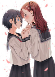 Rule 34 | 2girls, bad id, bad pixiv id, black hair, black ribbon, black sailor collar, black skirt, blue eyes, blush, brown hair, commentary, cowboy shot, eye contact, from side, hair ribbon, holding hands, interlocked fingers, long hair, long sleeves, looking at another, motion blur, multiple girls, one side up, original, parted lips, petals, pink eyes, pleated skirt, profile, redlammy, ribbon, sailor collar, school uniform, serafuku, shirt, short hair, simple background, skirt, symbol-only commentary, white background, white shirt, yuri