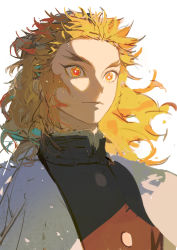 Rule 34 | 1boy, absurdres, bishounen, blonde hair, closed mouth, faux traditional media, forked eyebrows, hair blowing, hayamagains, high collar, highres, kimetsu no yaiba, long hair, male focus, multicolored hair, portrait, red eyes, red hair, rengoku kyoujurou, shadow, solo, streaked hair, traditional clothes, white background