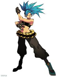 Rule 34 | 1girl, absurdres, ammunition pouch, bare shoulders, black gloves, black tank top, blue eyes, blue hair, boots, breasts, combat boots, earrings, full body, gloves, highres, jewelry, leona heidern, midriff, navel, pouch, psyoptima, sleeveless, soldier, solo, spiked hair, tank top, the king of fighters, the king of fighters xiii, triangle earrings