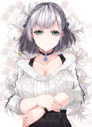 Rule 34 | 1girl, absurdres, arms under breasts, bad id, bad pixiv id, black skirt, blue ribbon, braid, breasts, choker, cleavage, closed mouth, collarbone, commentary request, eyebrows hidden by hair, floral background, flower, french braid, green eyes, hair ribbon, highres, hololive, kurogane tekki, large breasts, off-shoulder sweater, off shoulder, plaid, plaid skirt, ribbon, shirogane noel, shirogane noel (casual), short hair, silver hair, skirt, sleeves past elbows, smile, snowflake choker, solo, sweater, upper body, virtual youtuber, white sweater, wristband