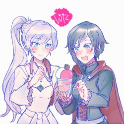 Rule 34 | 2girls, black hair, blue eyes, blush, candy, cape, chocolate, chocolate bar, food, holding hands, happy, ice cream, ice cream cup, ice cream spoon, initial, lowres, multiple girls, ruby rose, rwby, scar, scar across eye, scar on face, spoon, weiss schnee, white hair
