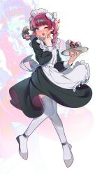 Rule 34 | 1girl, absurdres, alternate costume, apron, black dress, blunt bangs, blush, bocchi the rock!, braid, commentary request, dress, drooling, enmaided, floating, frilled apron, frills, full body, grey footwear, highres, hiroi kikuri, holding, holding tray, long sleeves, low twin braids, maid, maid apron, maid headdress, mouth drool, nose blush, one eye closed, open mouth, puffy long sleeves, puffy sleeves, purple eyes, purple hair, sharp teeth, simple background, smile, sofa (enogunomu), solo, teeth, thighhighs, tray, twin braids, twitter username, upper teeth only, v over mouth, white apron, white background, white headdress, white headwear, white thighhighs, zoom layer