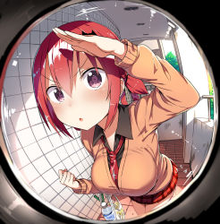 Rule 34 | &gt;:o, 10s, 1girl, :o, bag, bat hair ornament, black shirt, blush, breasts, cardigan, check commentary, collared shirt, commentary request, cross print, doorway, fisheye, gabriel dropout, greatmosu, groceries, hair between eyes, hair ornament, highres, holding, holding bag, large breasts, leaning forward, necktie, outdoors, parted lips, plaid, plaid skirt, pleated skirt, purple eyes, red hair, red necktie, red skirt, satanichia kurumizawa mcdowell, school uniform, shirt, sidelocks, skirt, solo, twintails, v-shaped eyebrows