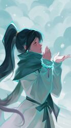 Rule 34 | 1girl, black bow, black hair, bow, brown eyes, cloud, earrings, green scarf, highres, jacket, jewelry, long hair, looking up, open hand, parted lips, sage (valorant), scarf, snowing, solo, valorant, very long hair, wan wan, white jacket